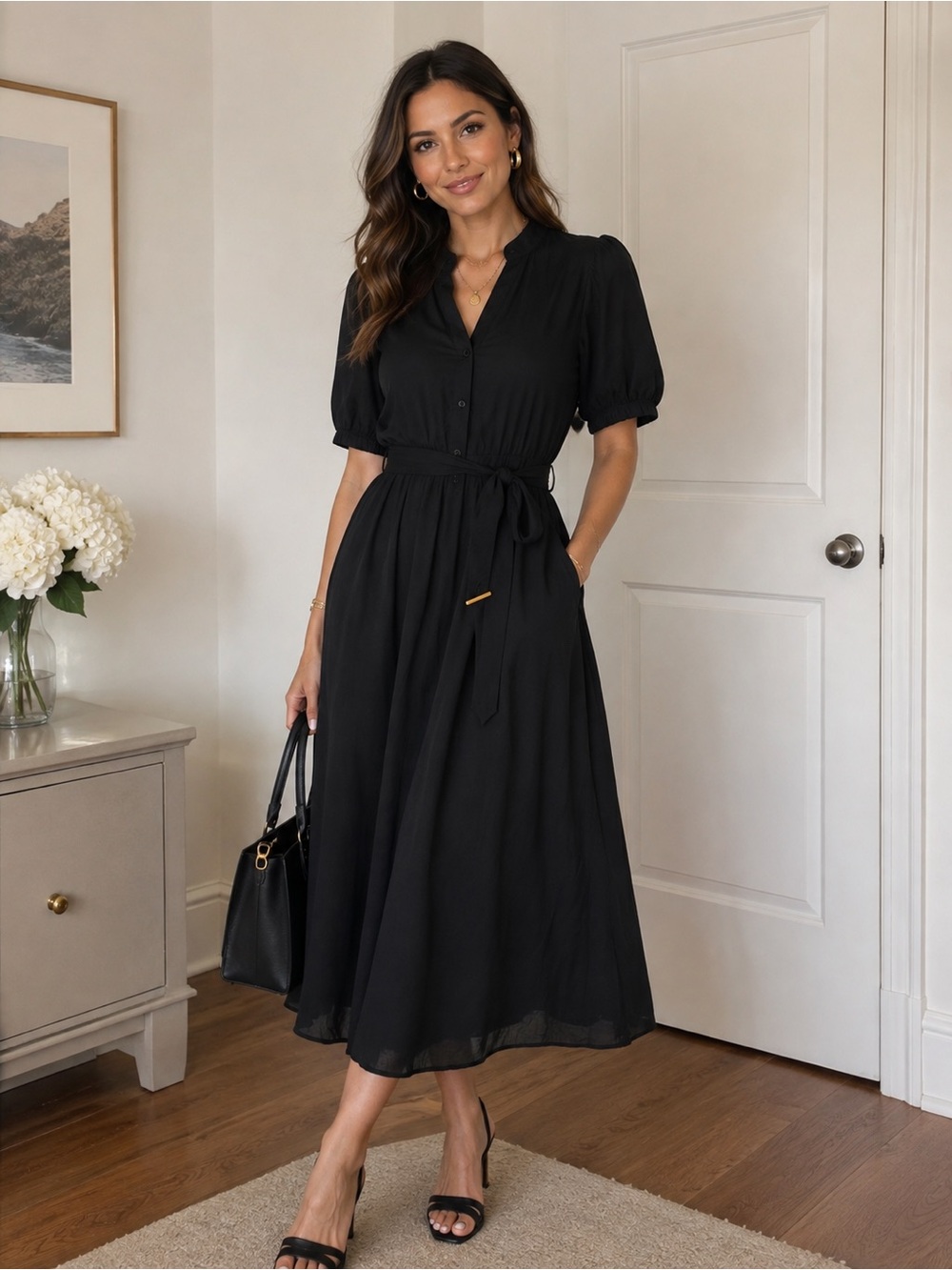 Black Short-Sleeve Button Midi Dress with belt at Waist